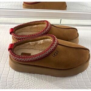UGG Platform Tasman Women's Slip-On Slippers Brown Red Suede Shearling Size 10